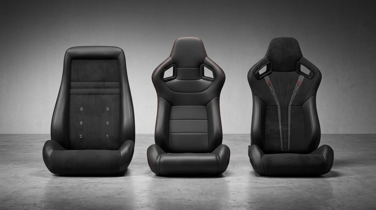 Fabric, leatherette, and suede-style racing seat materials compared side by side