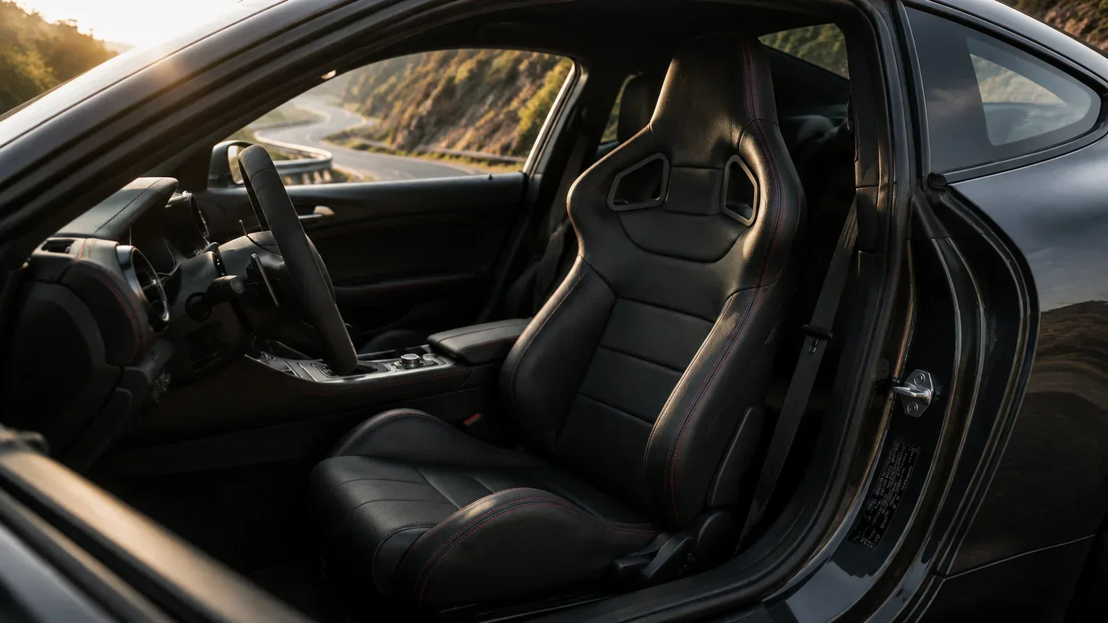 Universal racing seat installed in a modern sports car interior